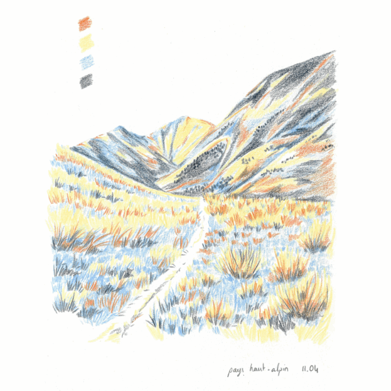 Paysage des Hautes-Alpes, crayon de couleur